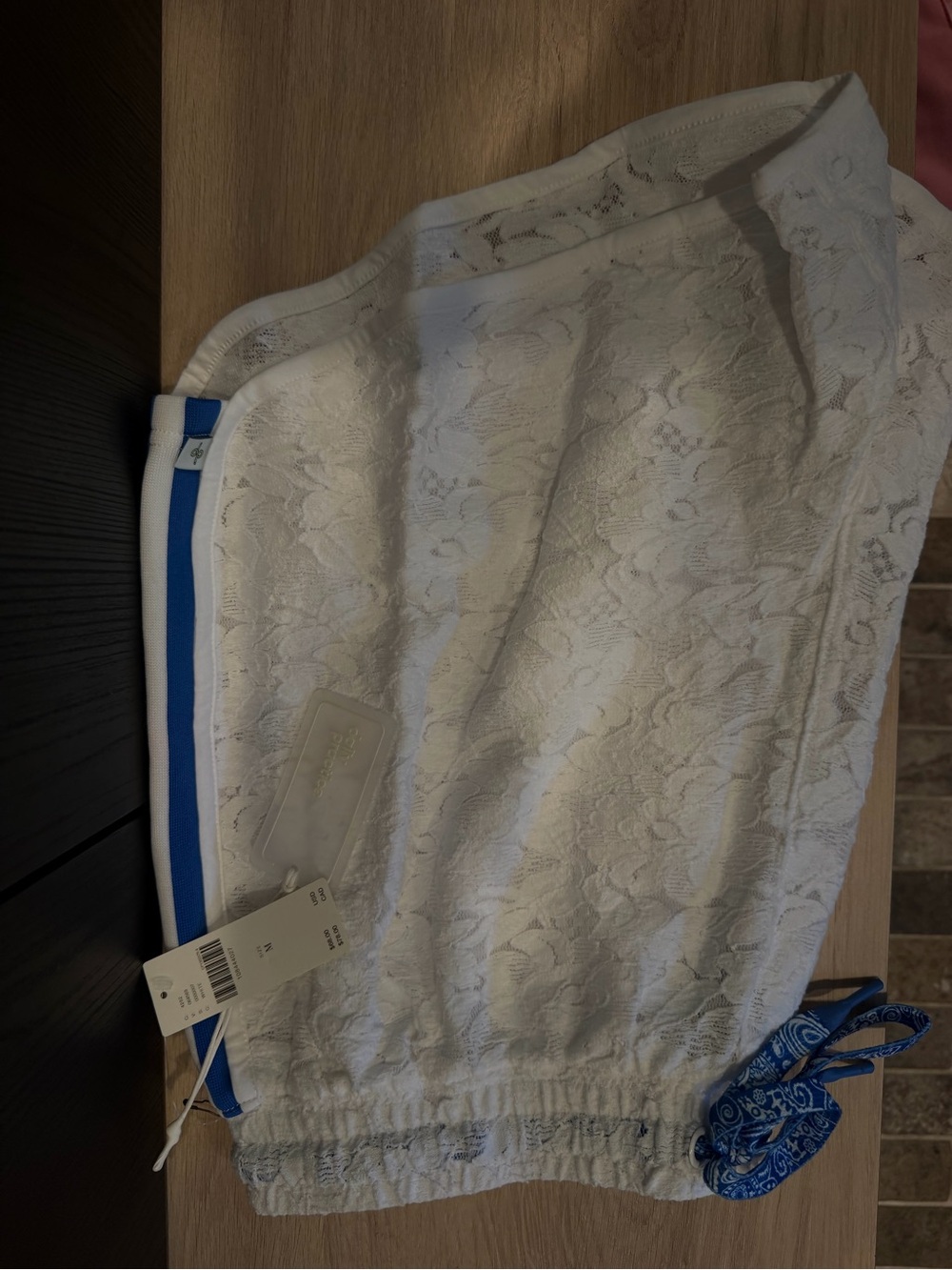 White Lace Athletic Shorts with Blue Trim and Drawstring